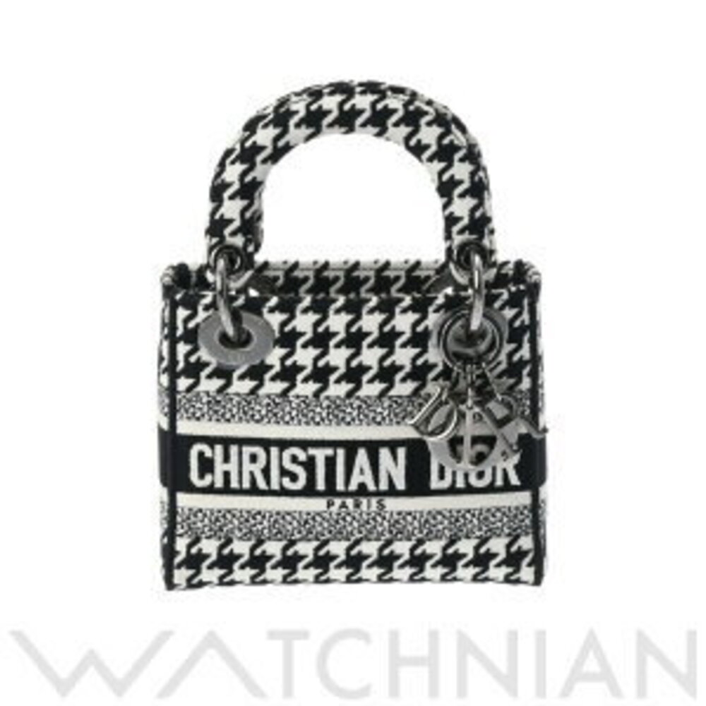 Dior LADY LITE Bag White Black Houndstooth Embroidery Canvas Handbag